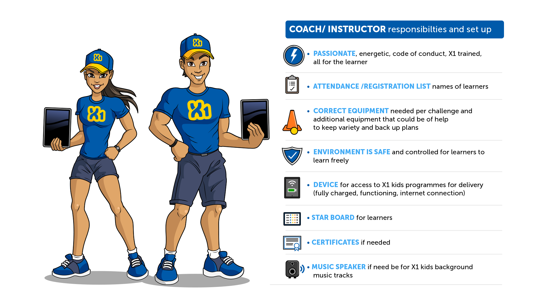X1 Kids instructor responsibilities and setup checklist