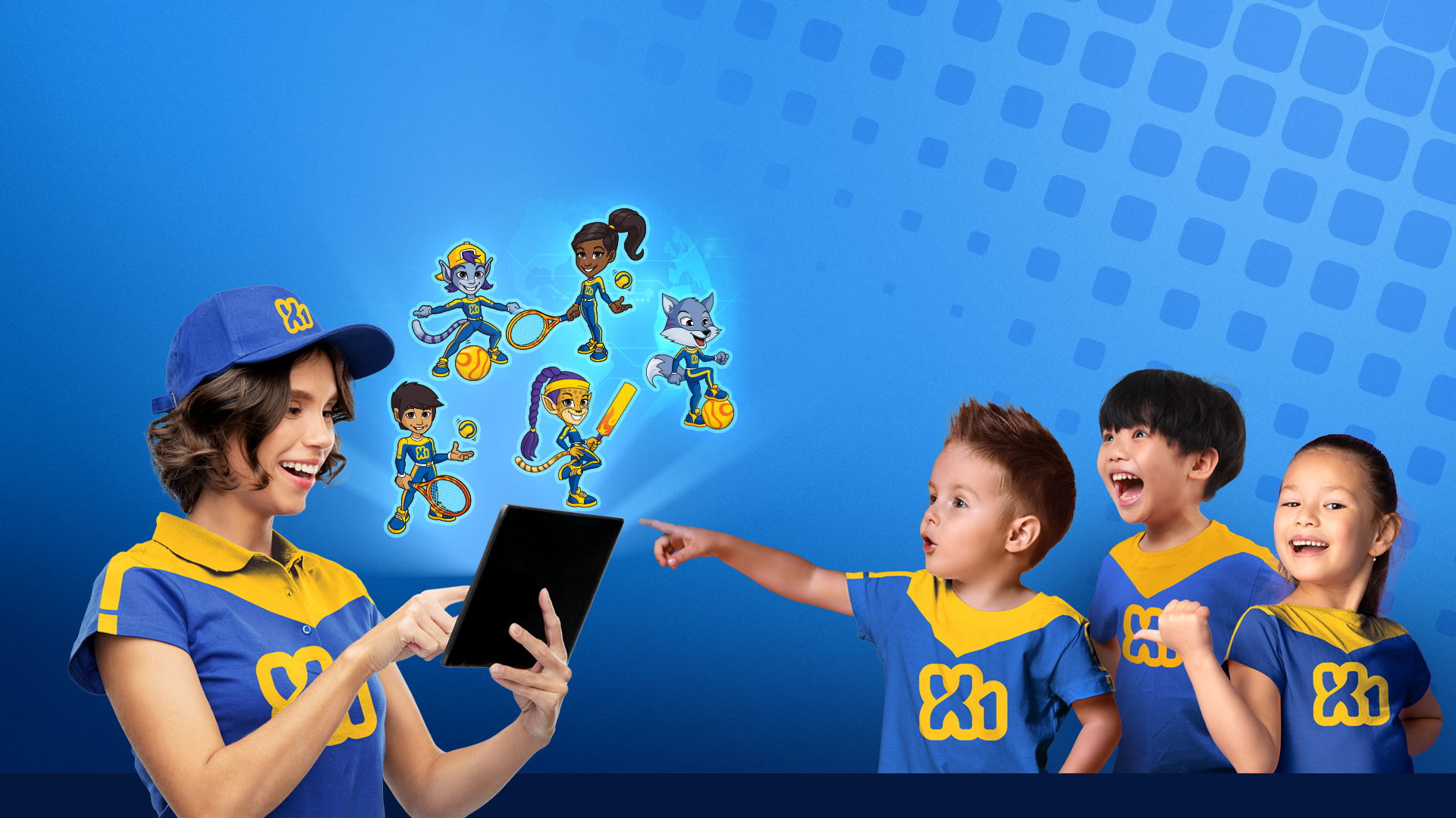 X1 Kids coach with tablet projecting branded characters to excited kids